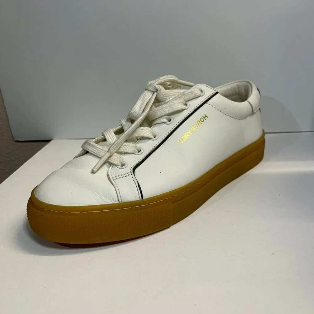 Tory Burch White Leather Olive Gum Sole Court Sneaker in White/Black, Size 7.5 - Picture 4 of 4